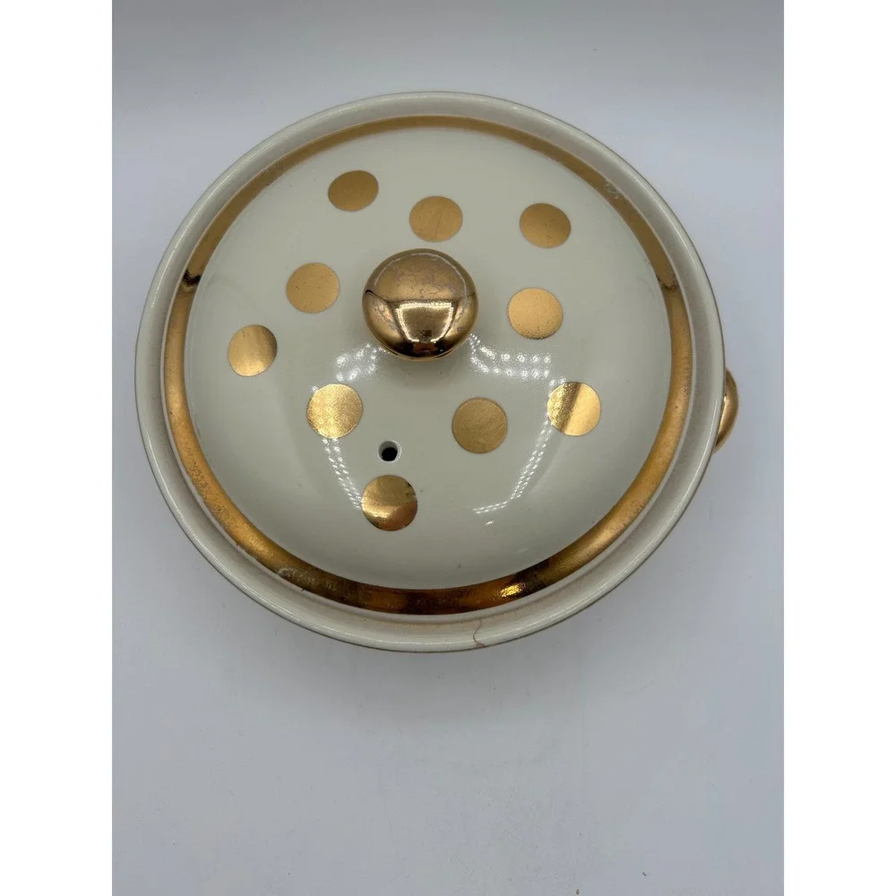Hall China Casserole Dish Ivory Gold Dot Covered Round Lidded Bowl Vintage